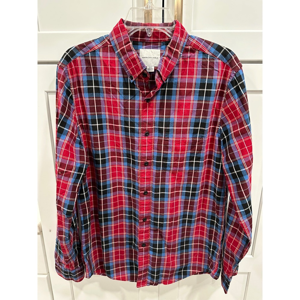 American Eagle Mens Plaid Button‎ Down Shirt Medium Red Blue Black Casual